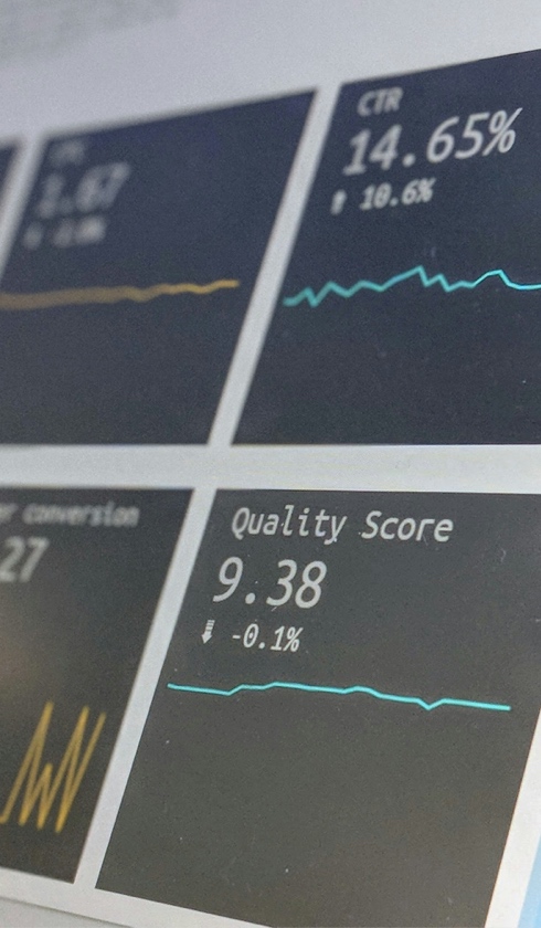 Close-up of a computer screen displaying marketing analytics dashboards, featuring metrics like CTR at 14.65%, Quality Score at 9.38, conversion rates, and line graphs tracking data trends alongside damage calculations over time.