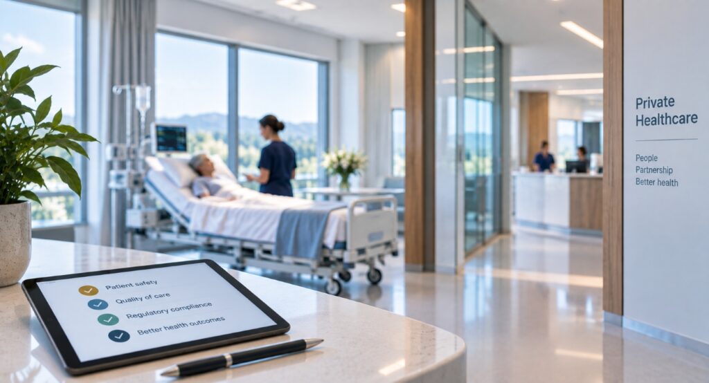A tablet displaying healthcare goals rests on a counter in a contemporary hospital room at a Victorian private health facility, where a nurse cares for a patient in bed and staff are visible at the reception desk in the background, all demonstrating compliance with up-to-date healthcare regulations.