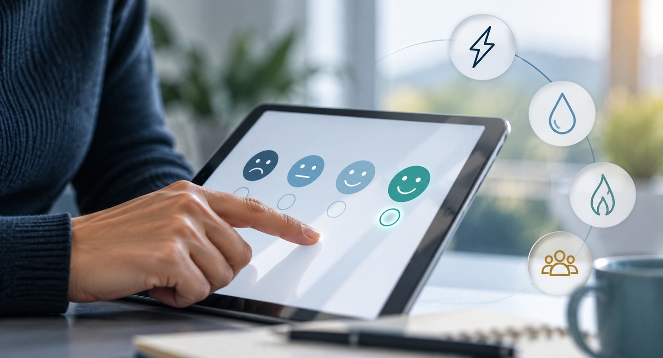 A person selecting a happy face on a satisfaction survey shown on a tablet, with floating icons like a lightning bolt and water drop nearby, representing improved customer engagement for utilities.