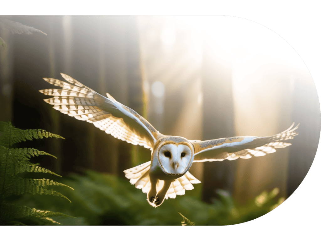 A barn owl gracefully soars through a sunlit forest, with beams of light filtering through the trees. The wings are outstretched, casting intricate shadows on the lush greenery below.