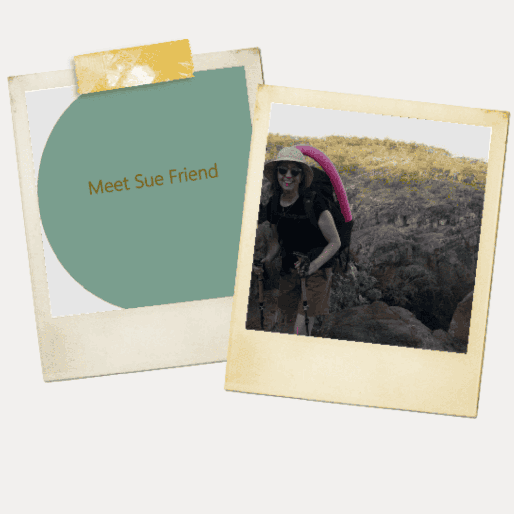 A woman with a backpack poses on a rocky terrain. She wears sunglasses and a sunhat, smiling at the camera. A nearby photo frame says, "Meet Sue Friend." The landscape in the background is arid and scrubby.