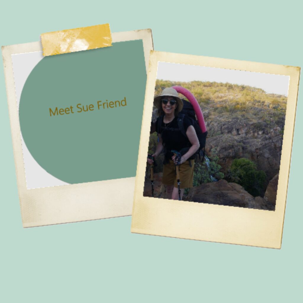 Sue Friend: Two Polaroid-style photos—one introduces “Meet Sue Friend,” our latest staff spotlight from KEEP; the other shows her smiling while hiking on a rocky trail, wearing a hat, sunglasses, rucksack, and holding walking poles.