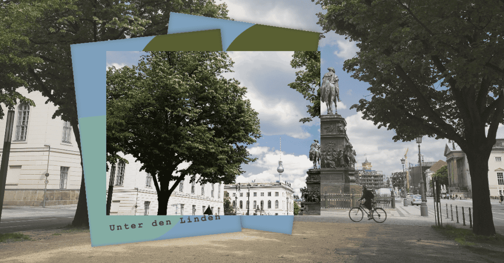 A cyclist rides past a statue surrounded by trees and classical buildings on a sunny day in a European city, resembling an NZ economist's picturesque vision. The iconic TV tower is visible in the background, with translucent rectangles in the foreground displaying "Unter den Linden.