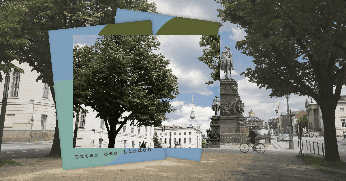 A cyclist rides past a statue surrounded by trees and classical buildings on a sunny day in a European city, resembling an NZ economist's picturesque vision. The iconic TV tower is visible in the background, with translucent rectangles in the foreground displaying "Unter den Linden.