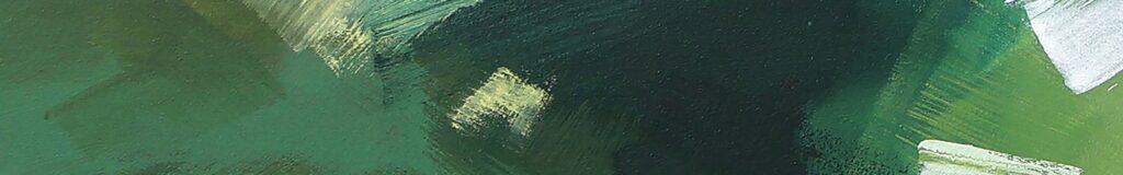 Close-up of abstract green and dark blue brushstrokes with touches of white and yellow on a textured surface, creating a dynamic, layered appearance.