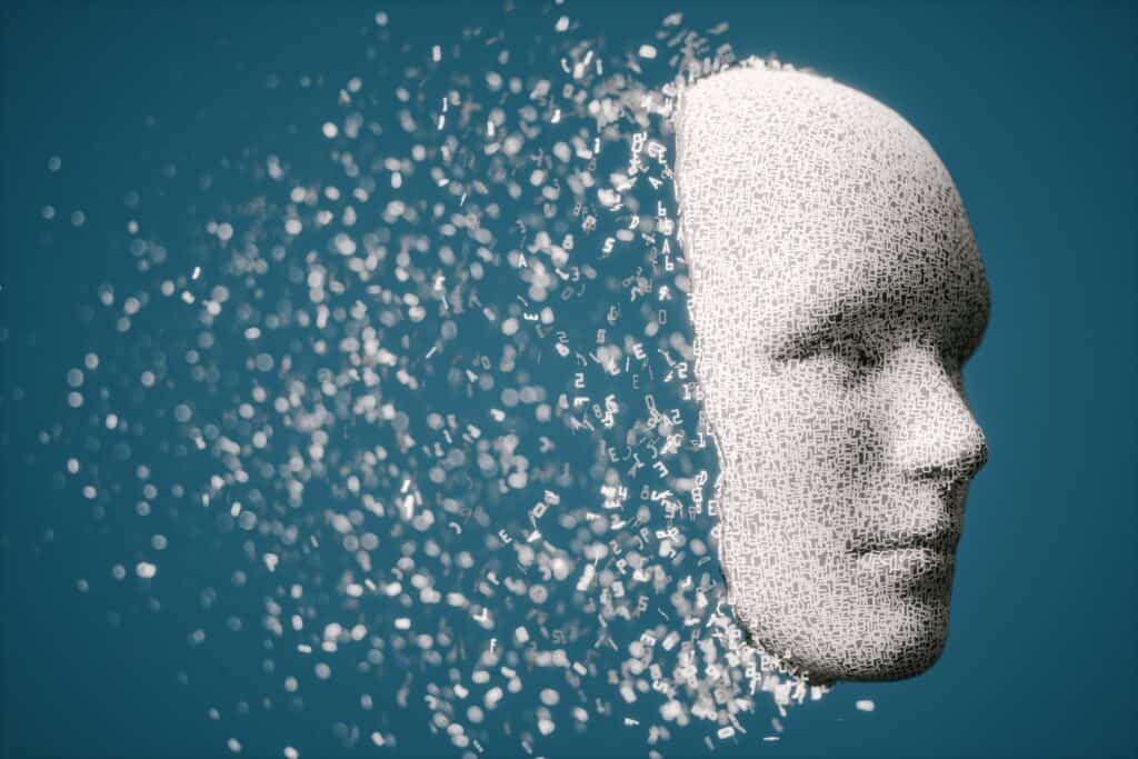 A 3D-rendered human face made of scattered white letters and symbols, with parts dissolving into floating fragments against a blue background—symbolizing the decarbonisation of ideas into cleaner, lighter thoughts.