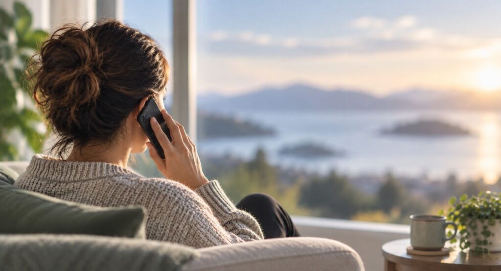 A woman with brown hair styled in a bun sits on a sofa, speaking on the phone with a mental health helpline. She gazes out large windows at a breathtaking sunset over water, islands, and mountains. A mug rests on a nearby table.