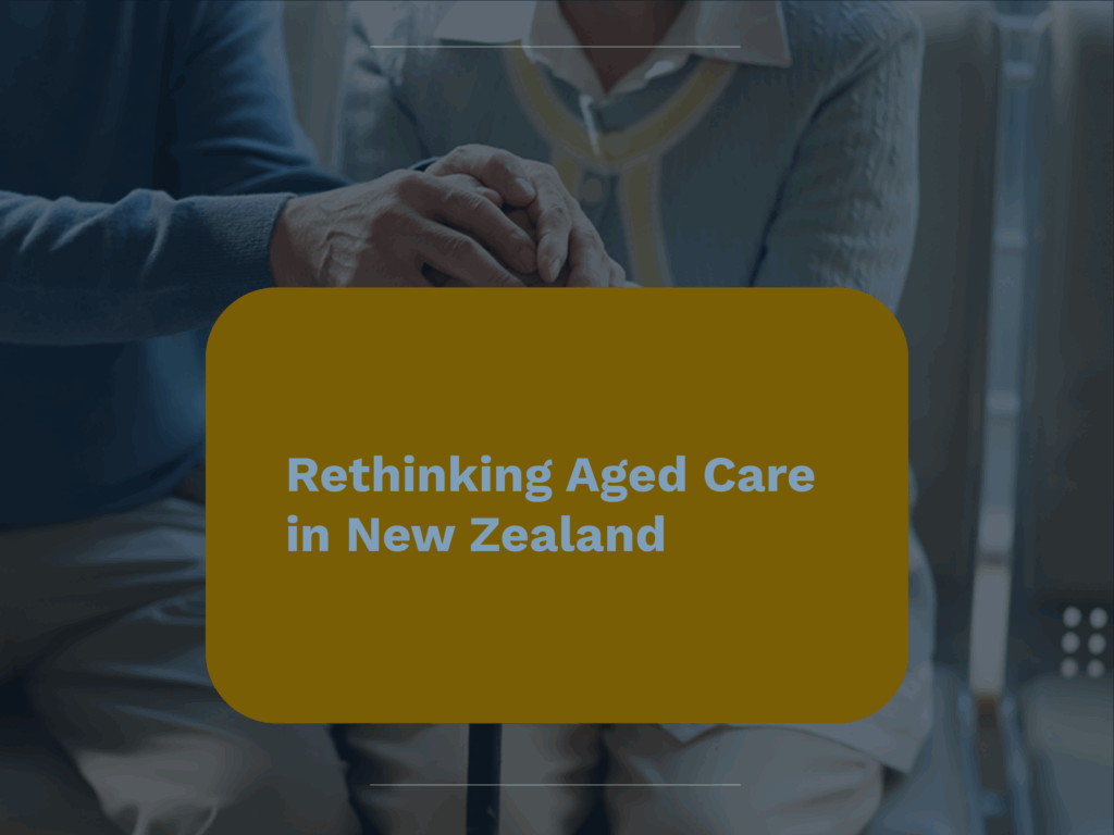 Two elderly people sit close together, one resting hands on a cane. Overlaid text reads: "Rethinking Aged Care Governance in New Zealand." The focus on their hands and torsos highlights support, care, and the need for strong governance.
