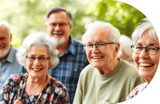 A group of smiling older adults, both men and women, stand close together outdoors on a sunny day, enjoying nature and discussing community governance with trees and greenery in the background.