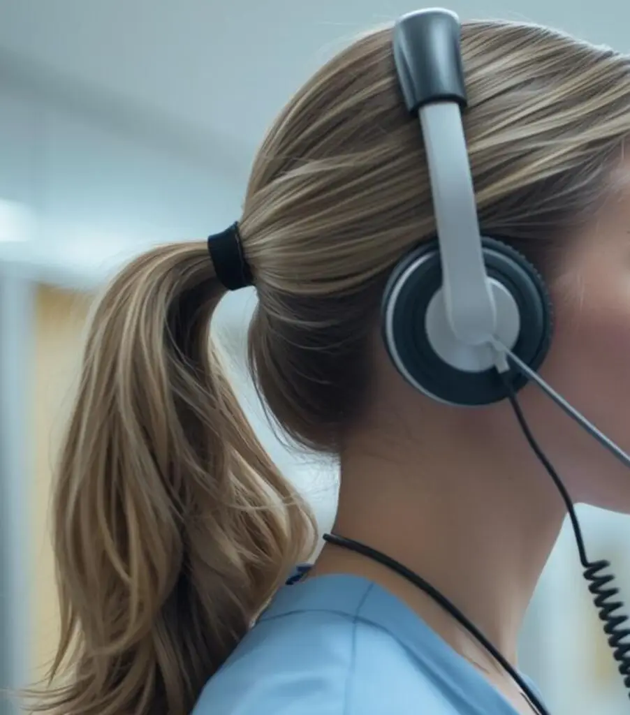 A woman with blonde hair in a ponytail wears a headset and light blue scrubs, suggesting she works in a Healthline customer service or medical setting. The background is blurred, focusing on her head and headset.