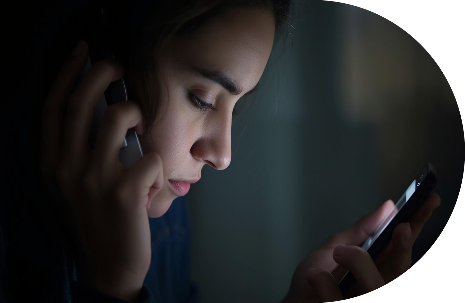 A person holds a phone to their ear while looking intently at another smartphone in their hand, illuminated by the screen's light in a dark environment.