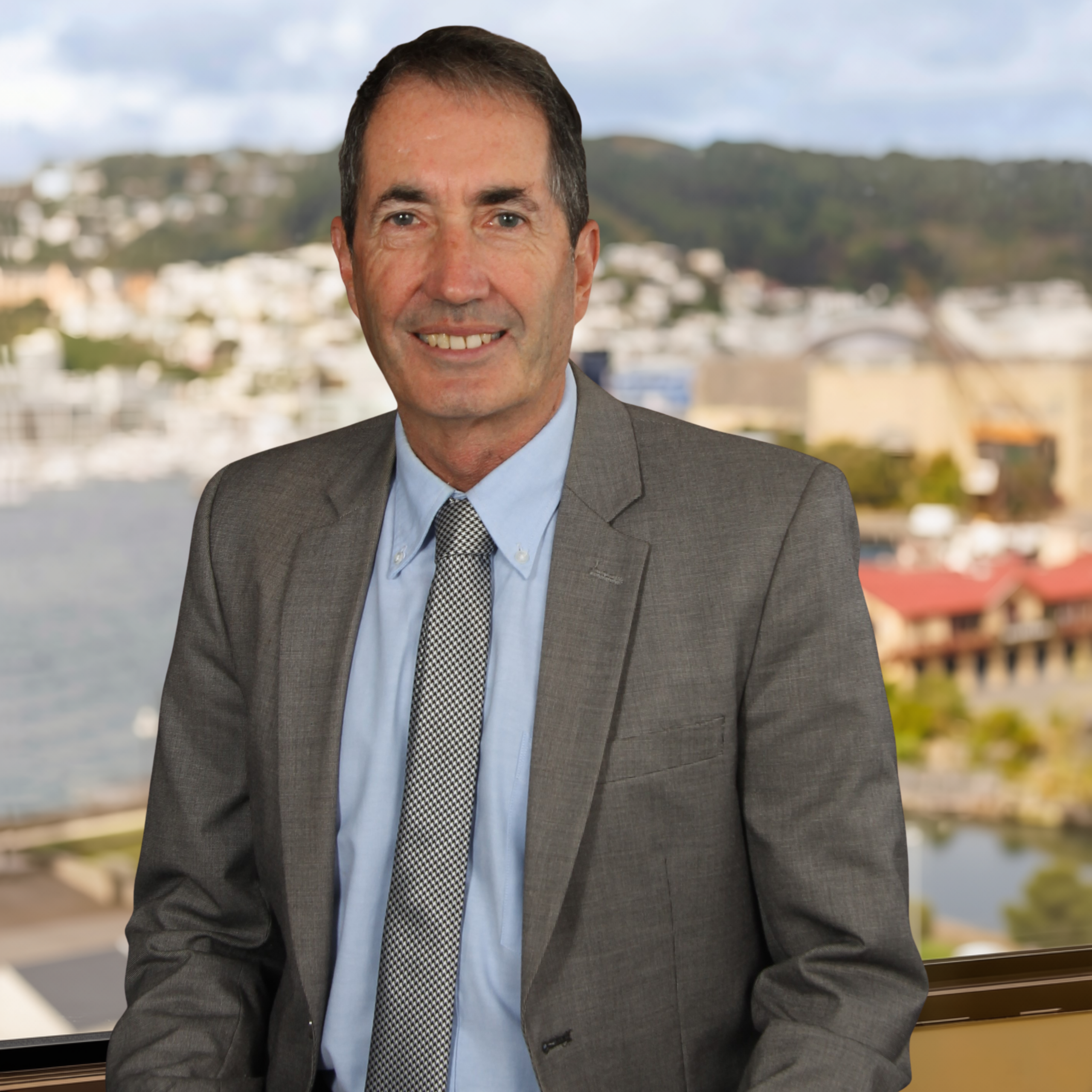 A man in a grey suit and tie smiles whilst seated indoors, with a blurred background of buildings, hills, and water visible through the window.