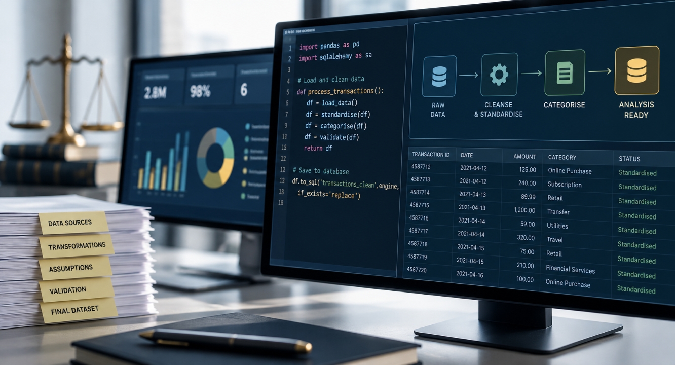 Two computer monitors display data analysis charts, code, and a workflow used for Class Action Support. On the desk nearby, organised stacks of documents with data-related labels underscore the detailed and careful legal support required to manage complex class action litigation.
