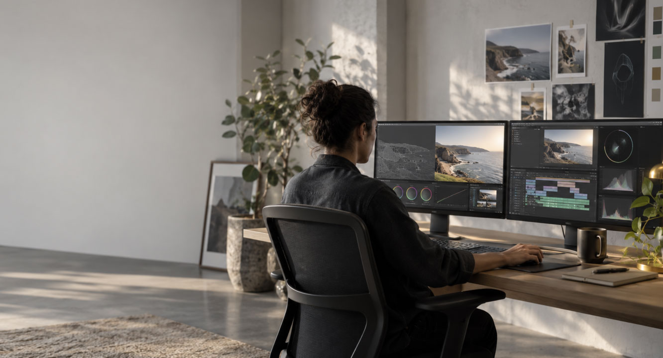 A person sits at a desk, editing photos and videos with integrated digital and visual effects displayed across two monitors, in a modern, sunlit room featuring houseplants, wall art, and a large rug.