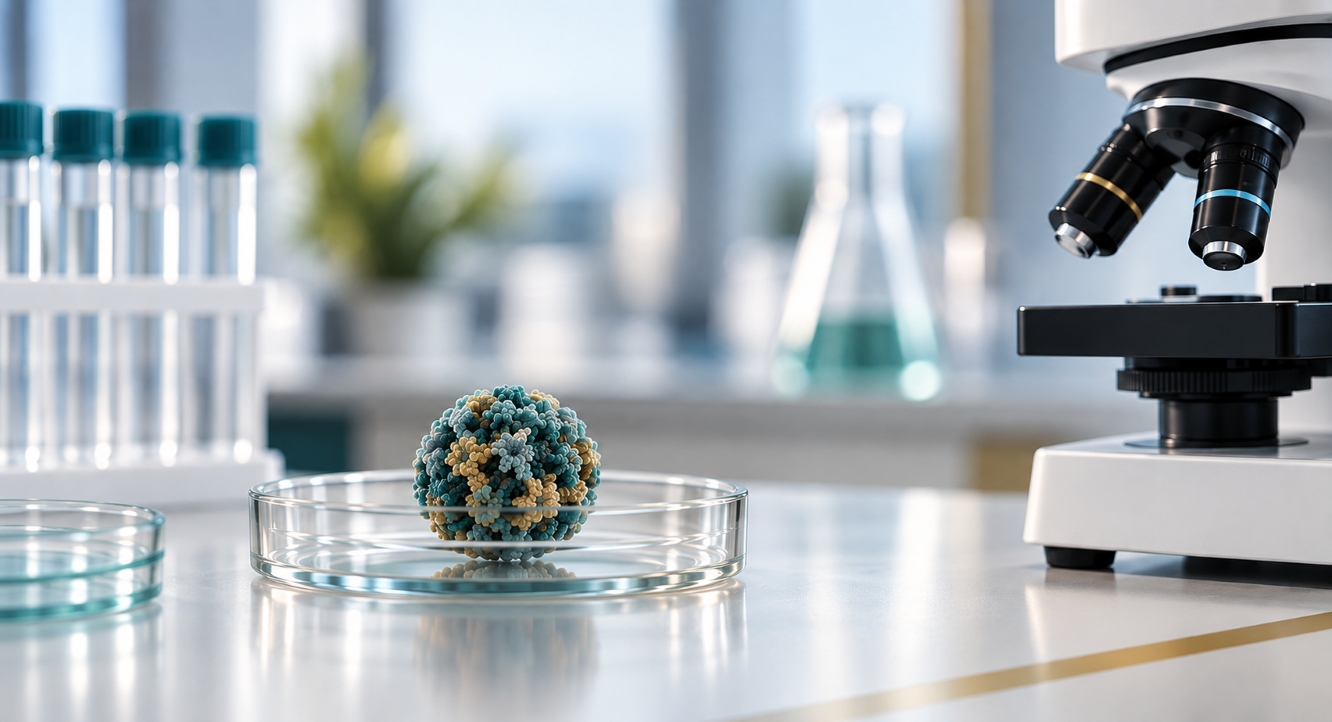 A petri dish containing a virus model rests on a laboratory bench alongside a microscope, test tubes, and glassware under bright lighting, emphasising ongoing research into HPV-related cancers and their financial impact in New Zealand.