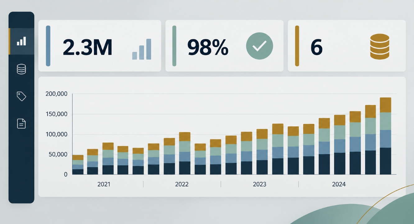 A multi-coloured stacked bar chart shows consistent growth each year from 2021 to 2024 as a result of comprehensive planning analysis. Displayed above the chart: “2.3M”, “98%” accompanied by a tick, and “6” next to a gold coin icon, highlighting key performance metrics.