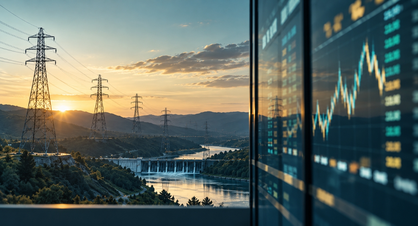 Power lines span a river and rolling green hills at sunset, with a prominent dam in view. In front, a transparent glass panel showcases charts and numerical data related to finance or energy, visually emphasising risk management and the fusion of technology with infrastructure.