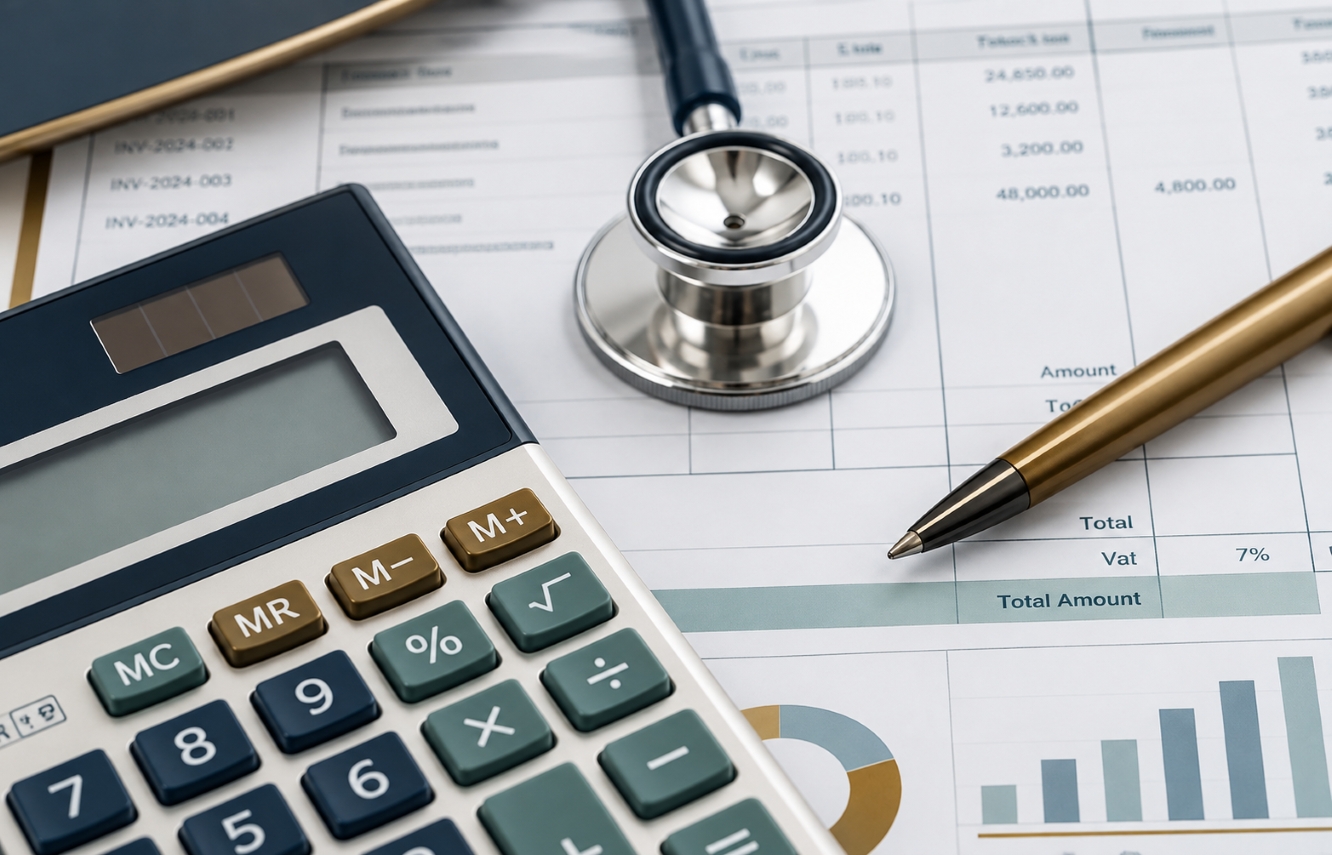 A calculator, stethoscope, and pen lie atop financial statements featuring charts and tables, representing the connection between healthcare and analytical financial decision-making.
