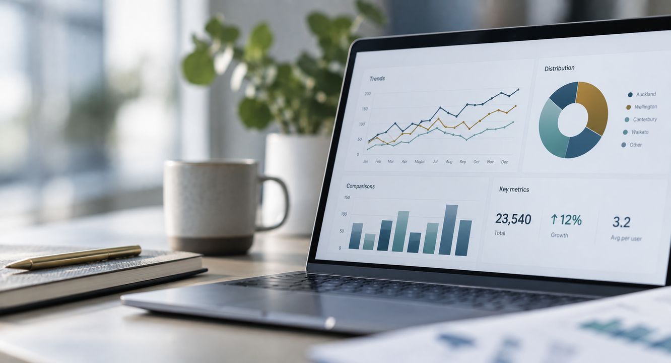 Laptop displaying charts and graphs on the screen—such as a line graph, pie chart, and bar chart—for Funds Tracing. A mug, notebook, and small potted plant sit on a wooden desk in the background.
