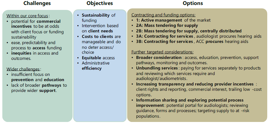 Infographic titled Challenges, Objectives, and Options, outlining factors and strategies regarding audiologist services, funding models, and client access for an audiology industry analysis.