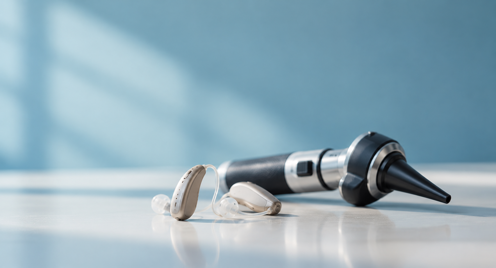 A pair of beige behind-the-ear hearing aids resting on a surface next to an auriscope, illustrating equipment used in the audiology market.